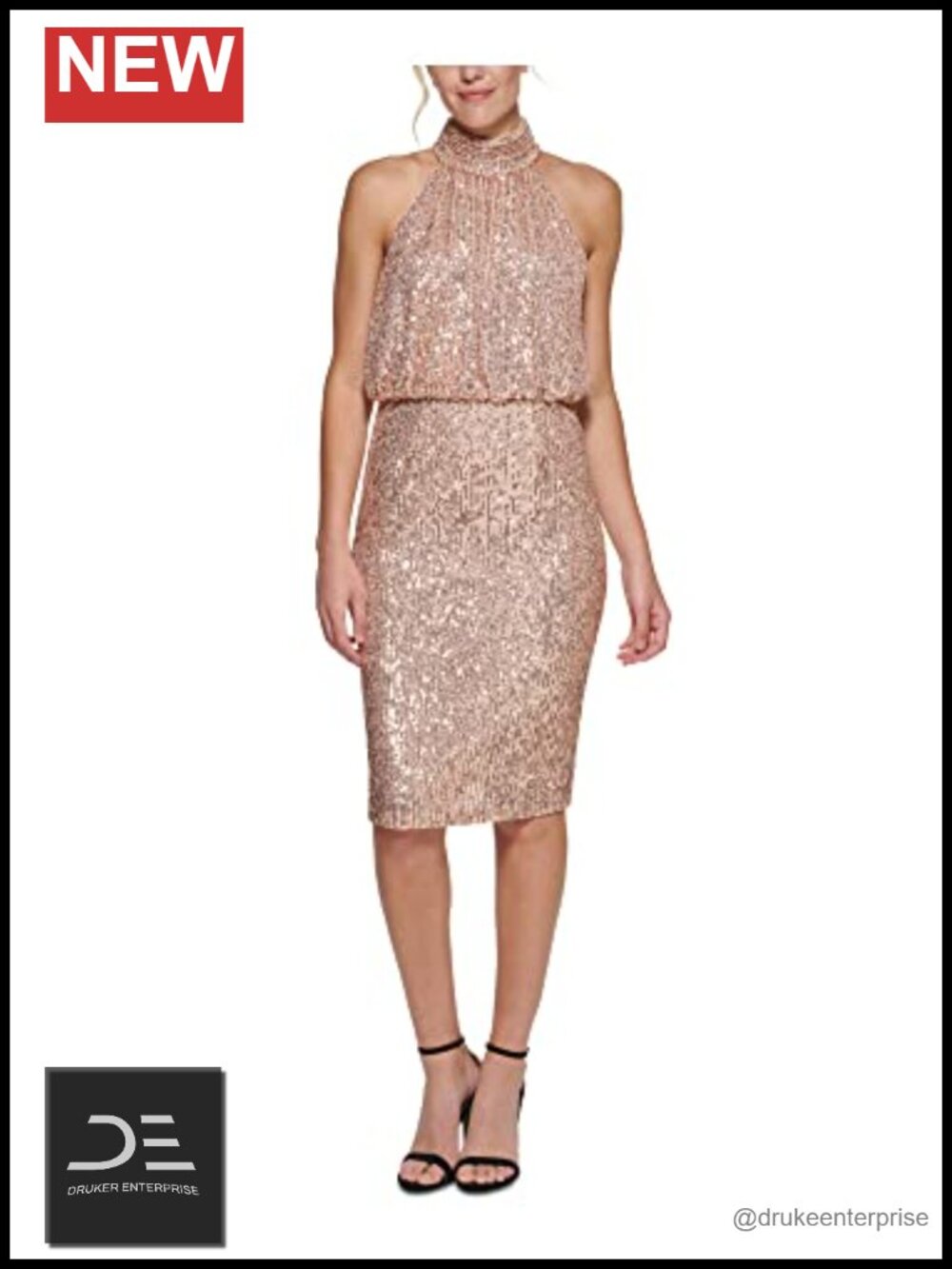 Sleeveless Mock Neck Sheath Cocktail Dress Sequin Knee-Length